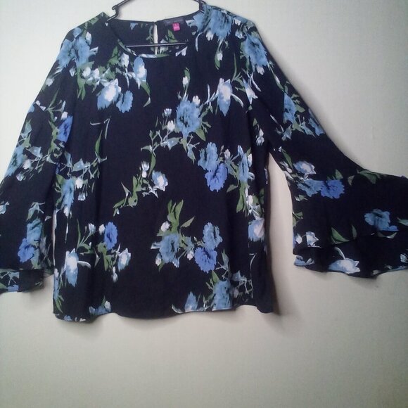Vince Camuto Blouse Shirt L Women 3/4 Bell Sleeve Floral Black Blue - Picture 15 of 16